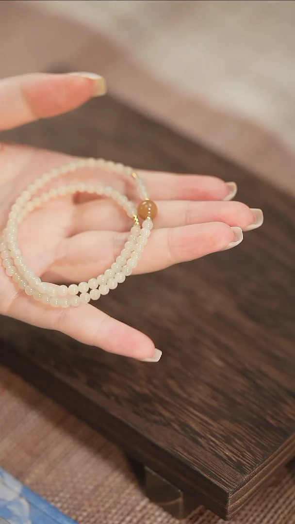 未镶嵌手串和田玉蜂蜜水4mm 糖玉顶珠 双圈手串 （多样性发货）