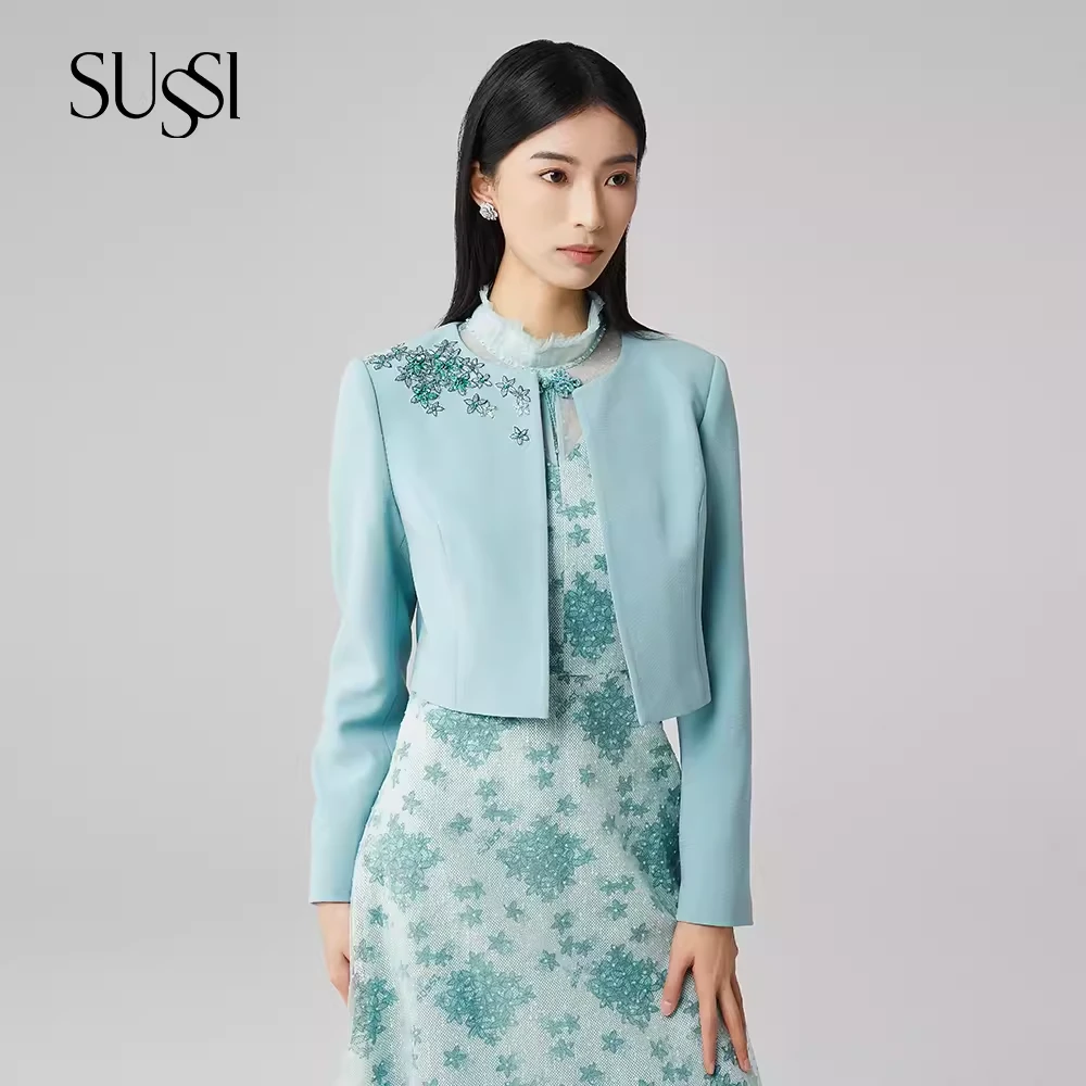 SUSSI/古色春商场同款绿色圆领商务通勤刺绣长袖外套女薄荷曼波