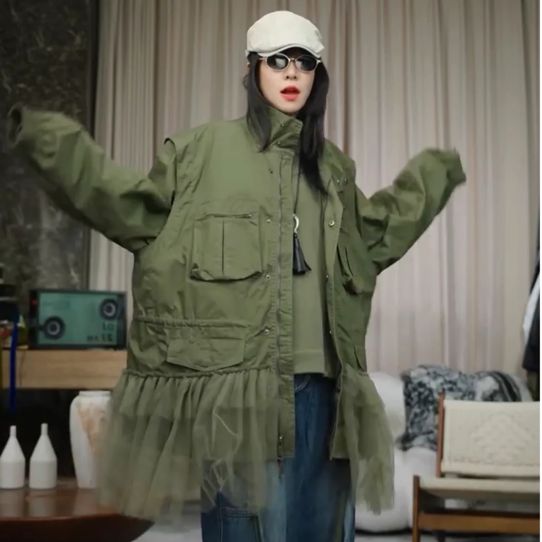 infobyfive2025秋冬新款拼接蕾丝口袋小绿工装外套四店NF0508251