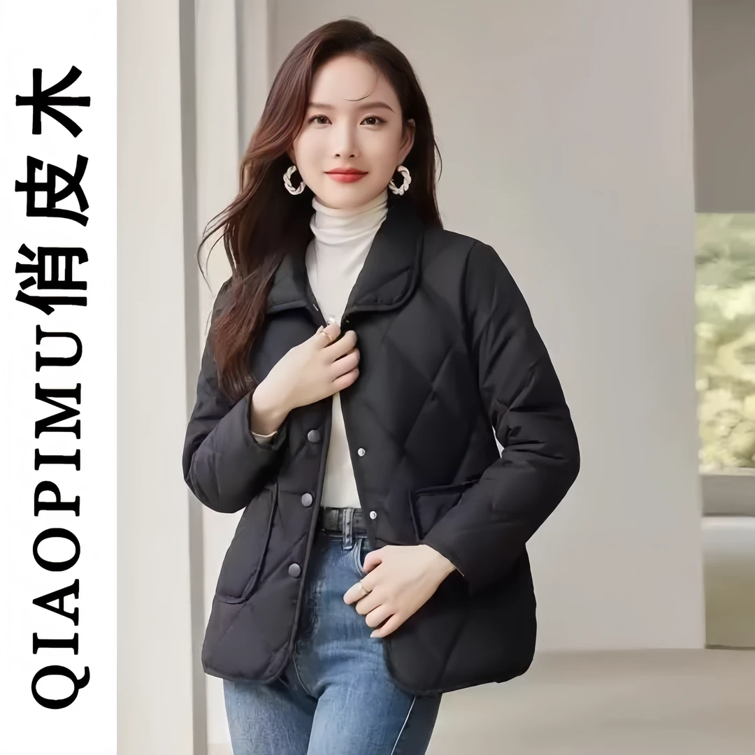 春秋新款翻领复古菱格短款棉衣时尚保暖棉服外套 (黑)