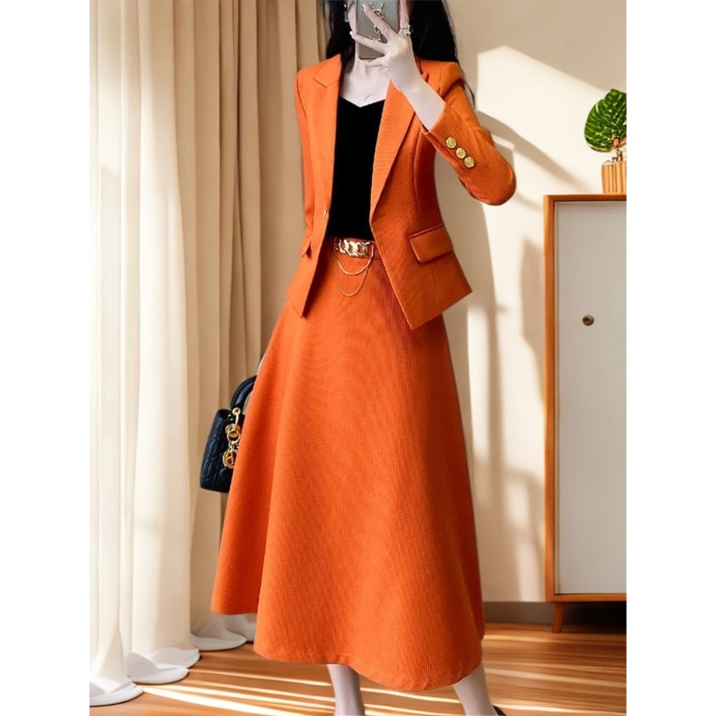 西装外套女秋橙色短款小西服高级感职场工装套裙ol通勤女装洋气裙