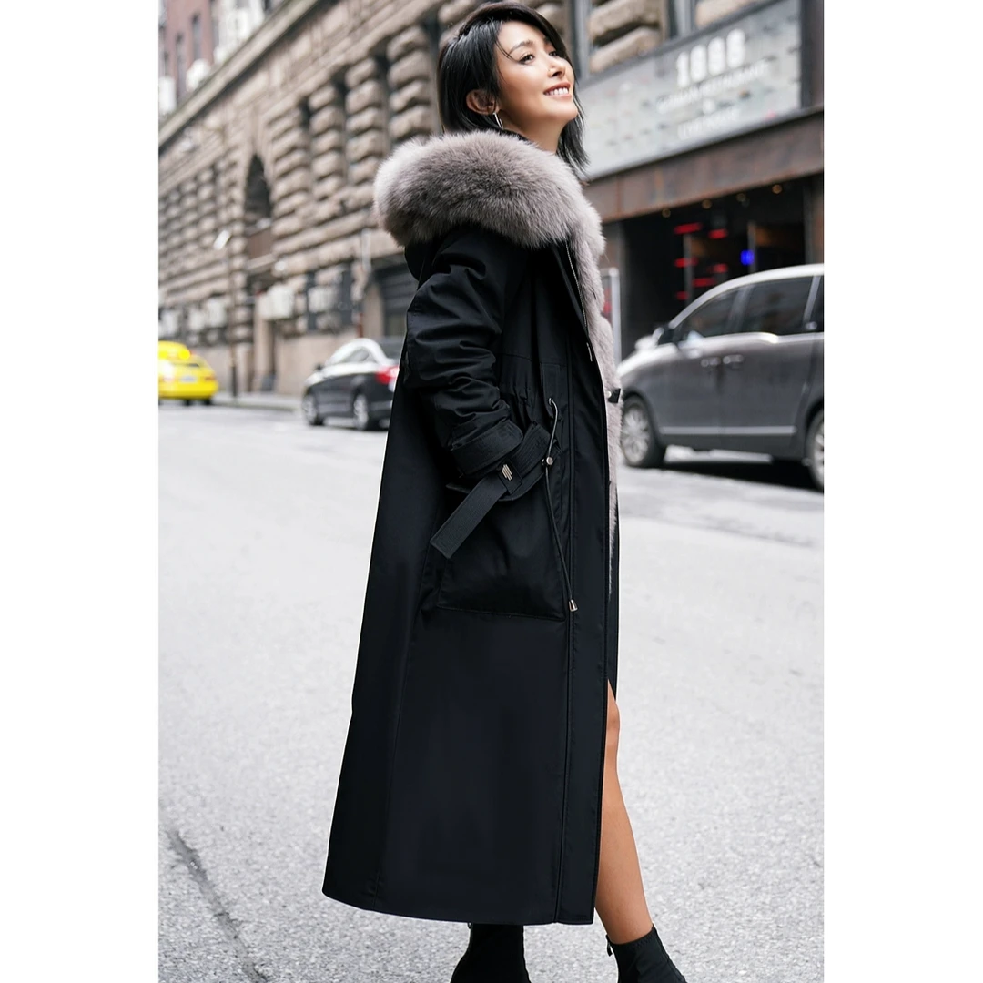 高端冬季修身女款派克服活里活面可摘卸水貂内胆狐狸大毛领