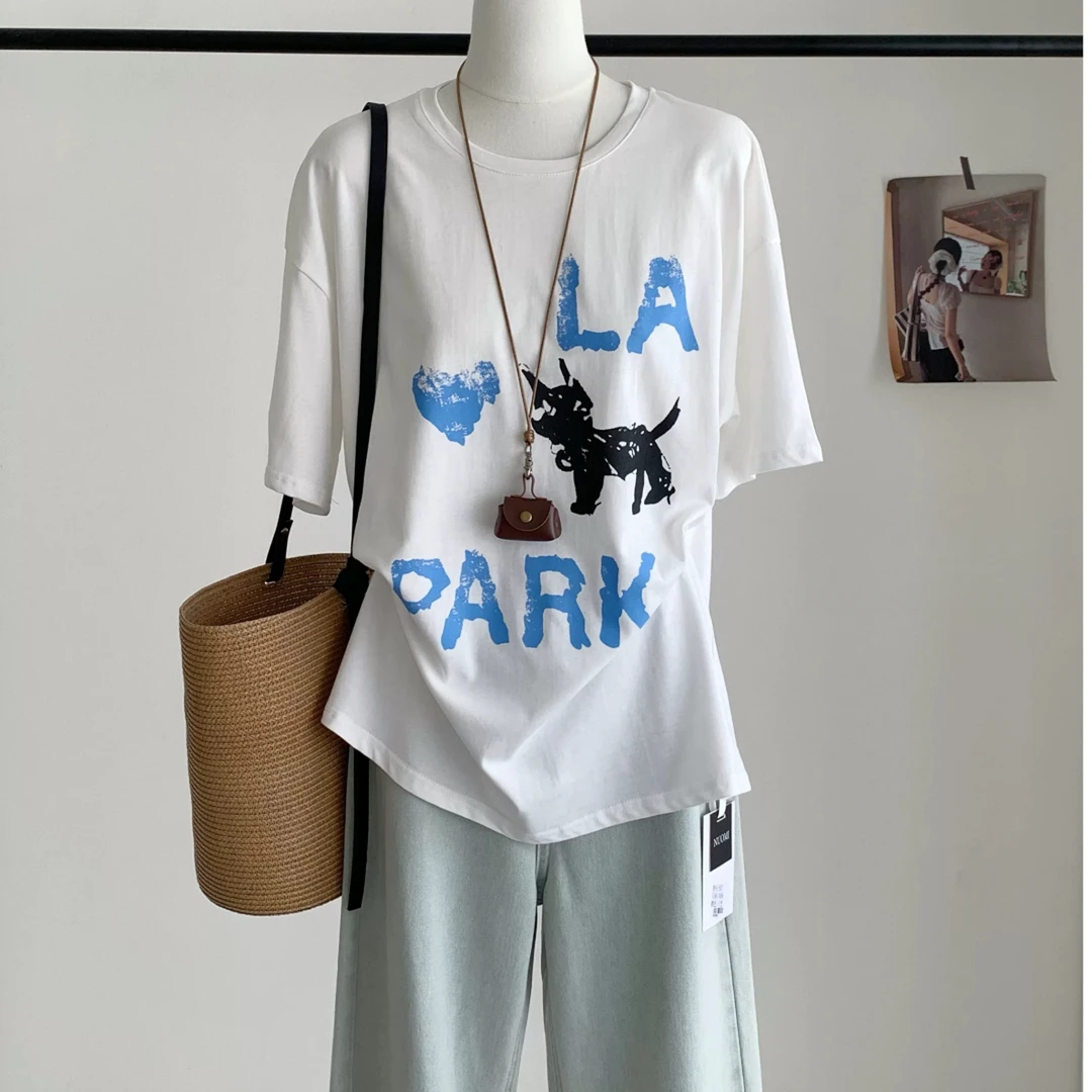 【涂鸦小狗高级感】夏季圆领休闲百搭显瘦洋气T恤-苋 18737(9076)