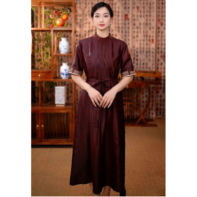 【沐夏萤】国风夏季短袖连衣裙100%桑蚕丝立领红云纱85141