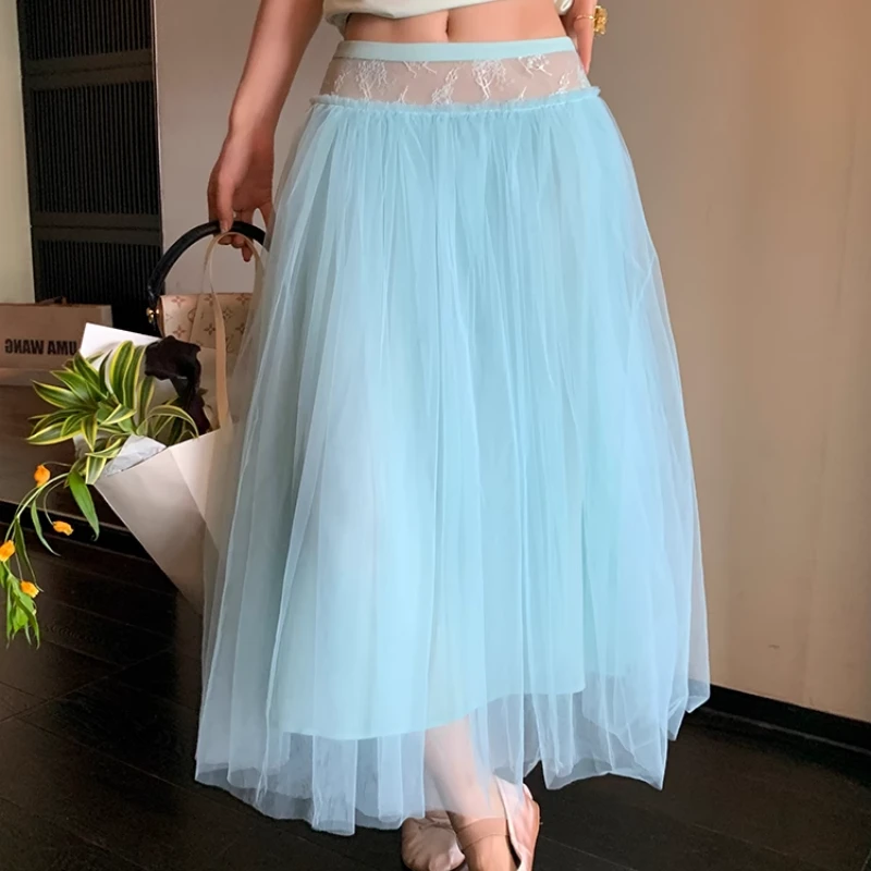 le rouge周美美 海盐薄荷蕾丝拼接腰头浪漫网纱多层次半身裙