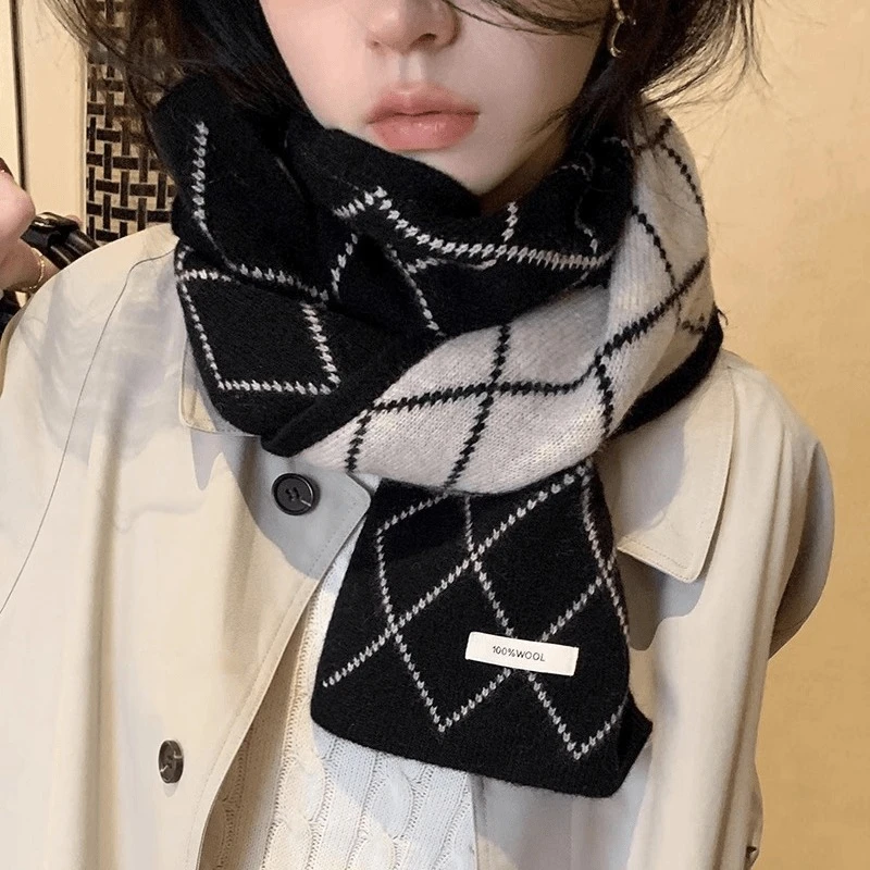 澳洲羊毛100%wool小香风双面围巾菱形格子围脖冬季保暖韩版情侣