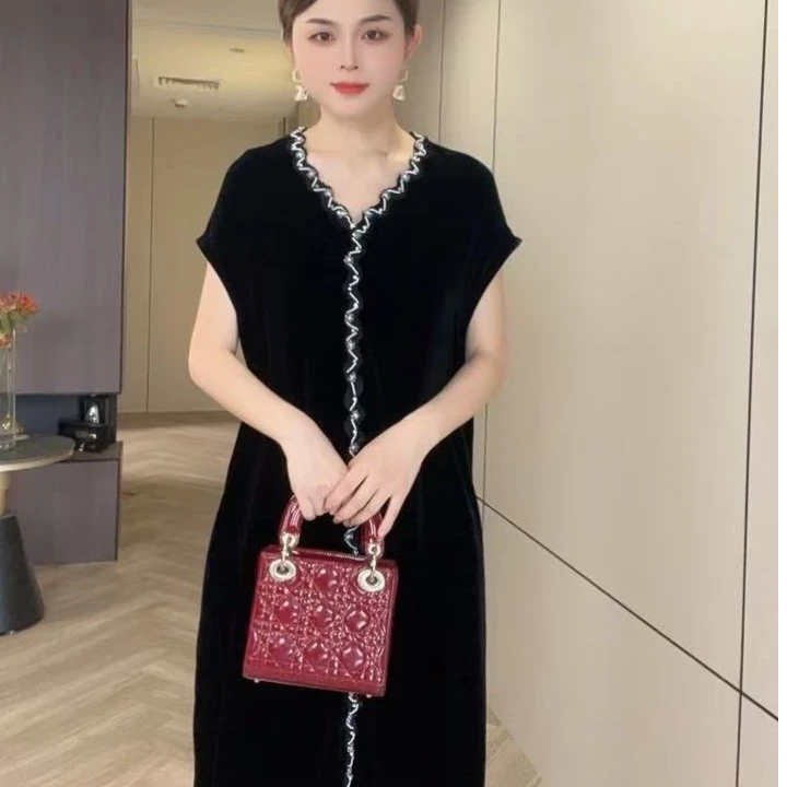 YS195v领钉珠女士真丝丝绒桑蚕丝气质连衣裙m116