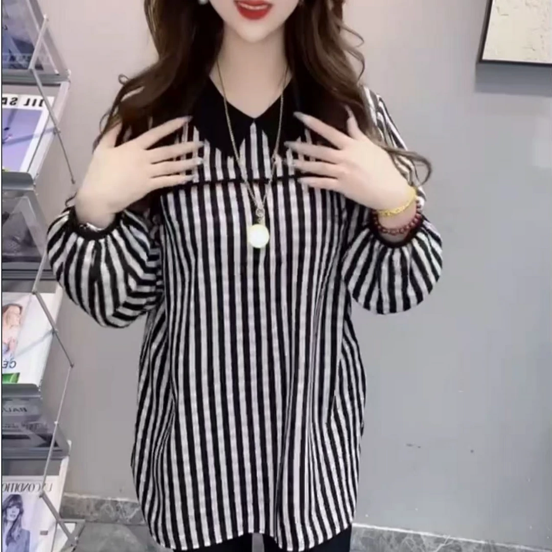 休闲风翻领条纹薄款衬衫长款衬衣