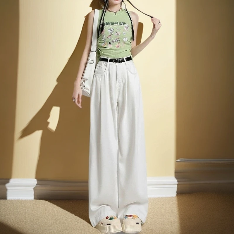 白色褶皱高腰宽松阔腿牛仔裤春秋季新款韩系高个子加长版拖地裤子