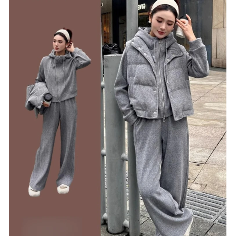 高级感流行休闲运动风套装女短连帽款卫衣加厚无袖马甲时尚三件套