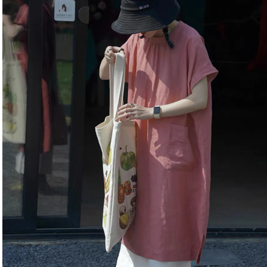 欧韩慵懒风短袖亚麻女款夏季连衣裙薄款宽松文艺气质棉麻长款孢子