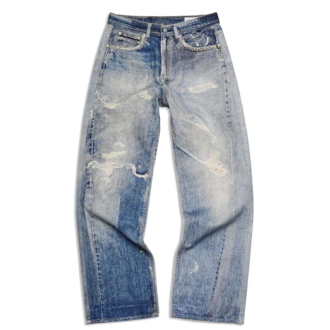 【our家】蓝色3D数码打印牛仔裤做旧设计中高腰直筒裤男女同款