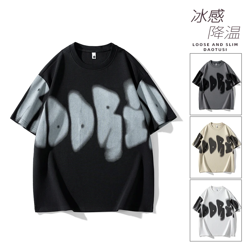 印染T恤设计感大印花舒适亲肤透气情侣炸街美式多色百搭学生短袖t
