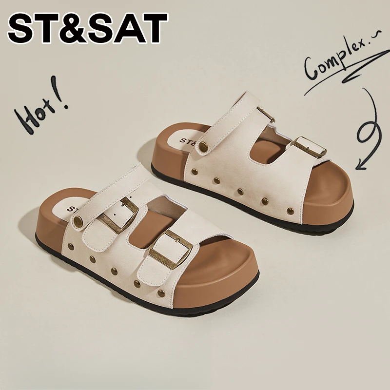 星期六品牌真皮勃肯凉鞋女2025夏季露趾休闲轻便沙滩鞋透气凉拖鞋