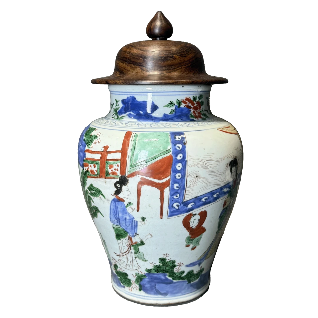 25350038x青花五彩教子纹将军罐