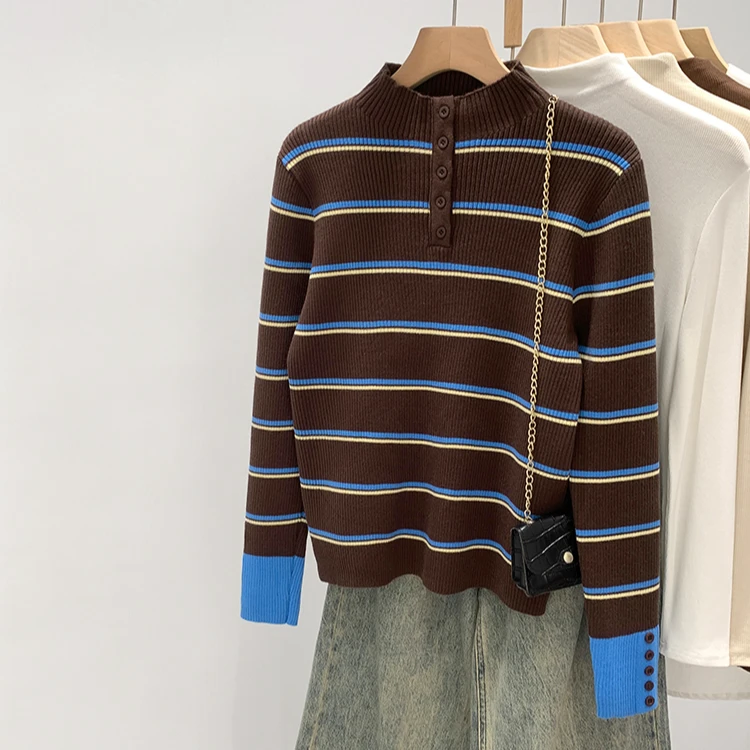 【80-180斤】半高领条纹针织打底衫女秋冬季修身显瘦减龄毛衣上衣潮