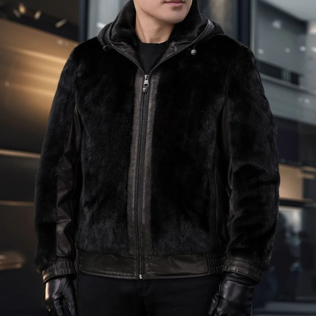 2025进口水貂整貂夹克山羊皮短款男士连帽保暖潮流黑色冬款