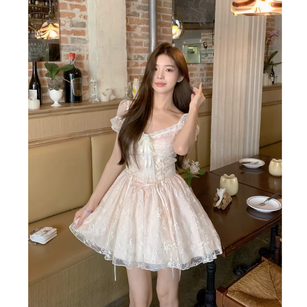 【小美】大码女装绝美法式公主裙泡泡袖v领收腰显瘦短裙连衣裙11217