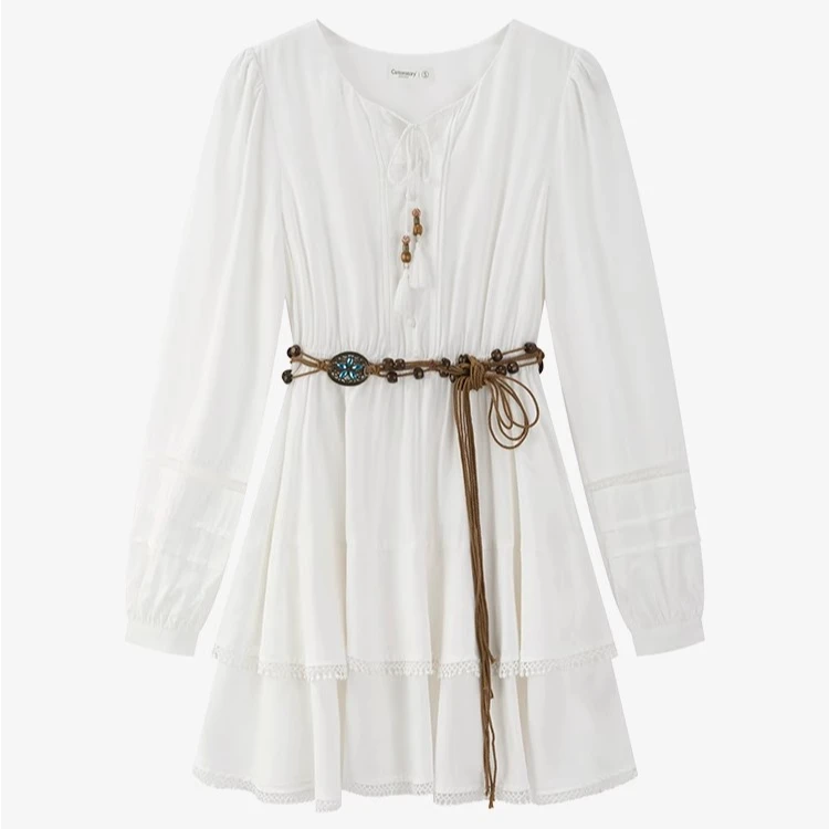 【现现】波西米亚风女夏季度假白色长袖收腰连衣裙套装Y50148242