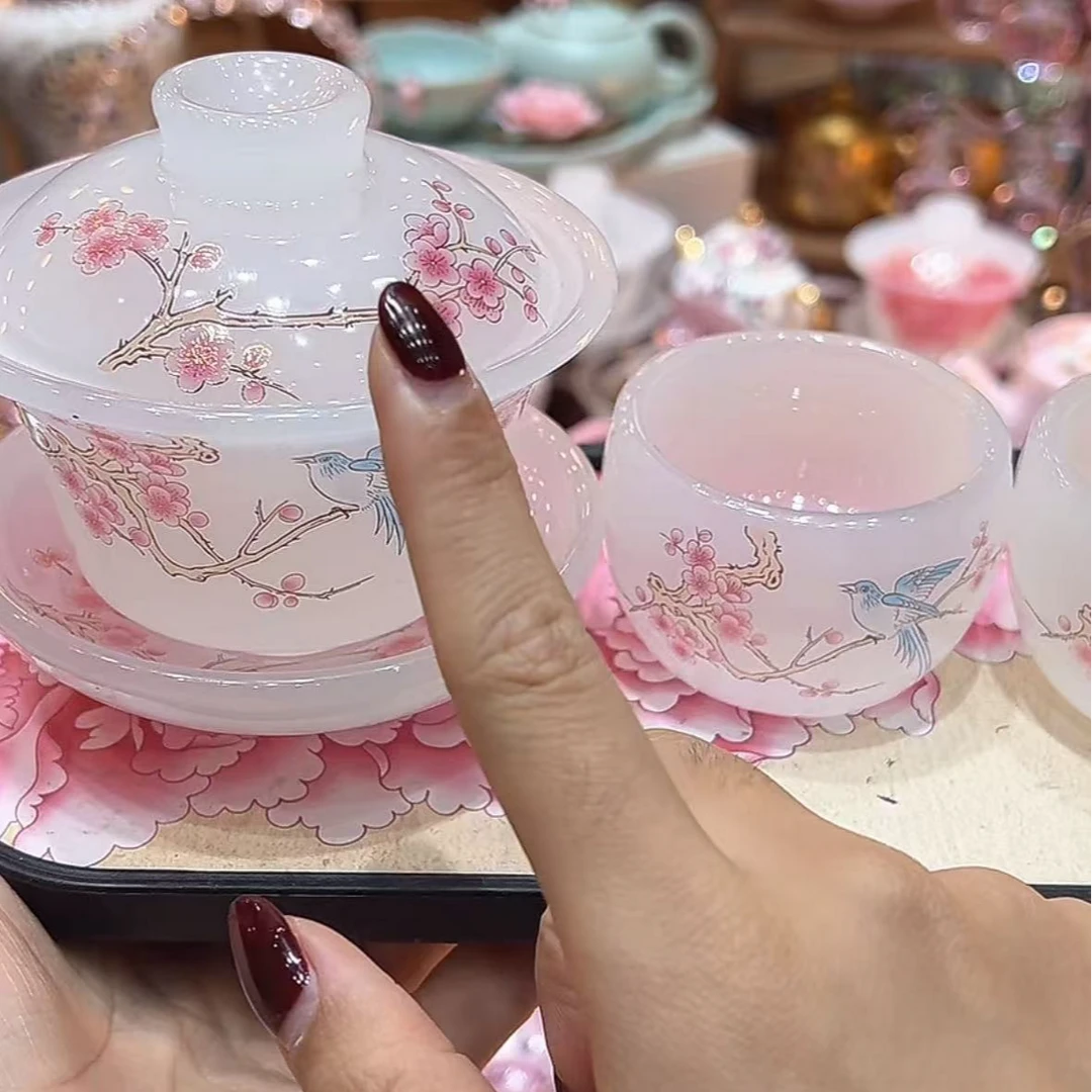 白琉璃盖碗喜上眉梢+4杯 9518