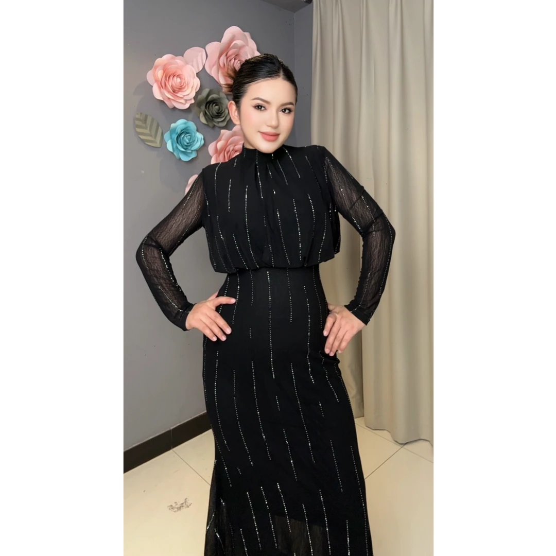 9903【古丽米热包邮】高级高领气质新款烫钻女装连衣裙