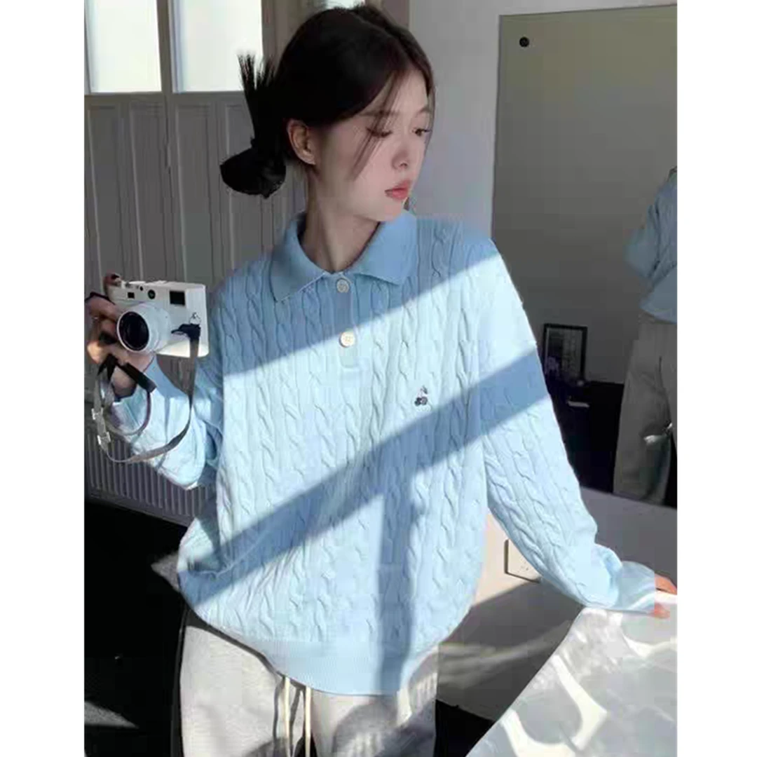 韩系温柔风polo领白色麻花毛衣女早秋宽松慵懒针织衫软糯百搭上衣