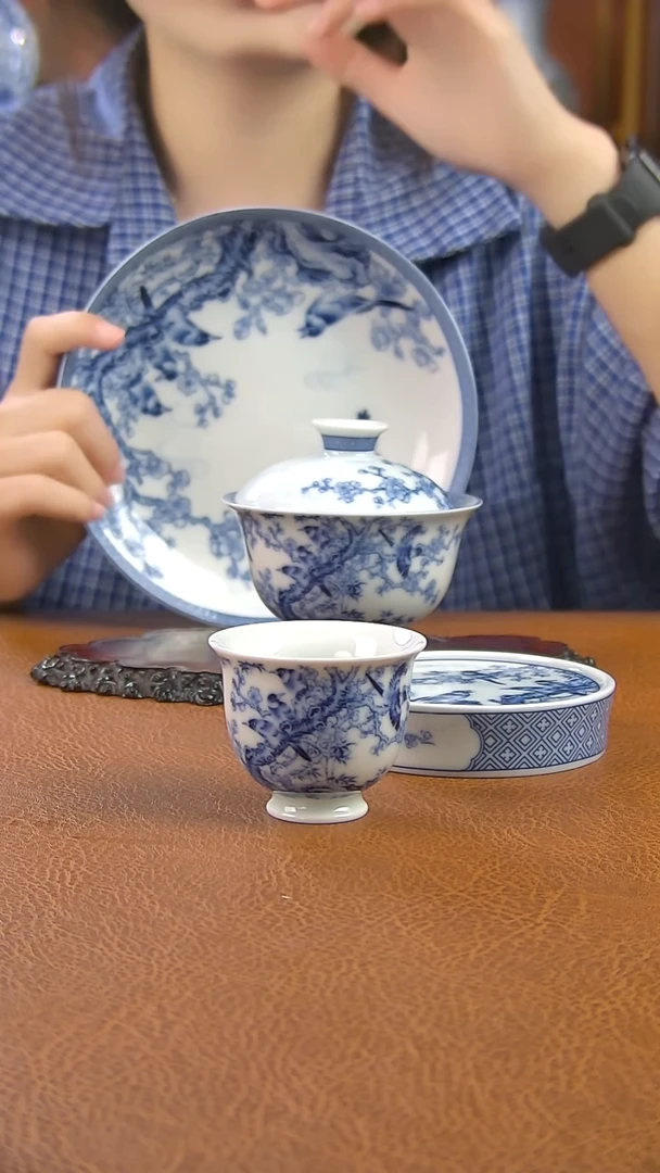 景德镇手工青花喜上眉梢盖碗套组