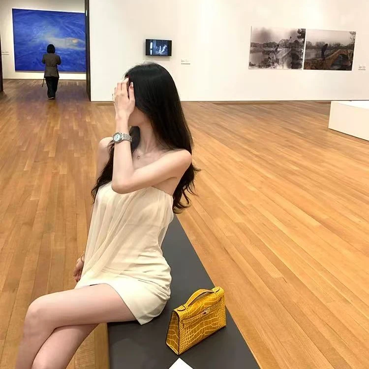 梦梦 MENGMENG｛春夏纯欲辣妹修身网纱一字肩抹胸连衣裙}