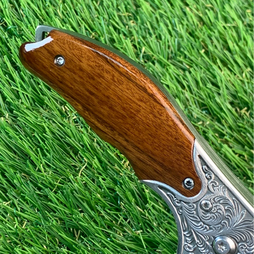 TXM 新款红檀木柄 凤尾花雕刻钢头 手工锻造大马士革小刀