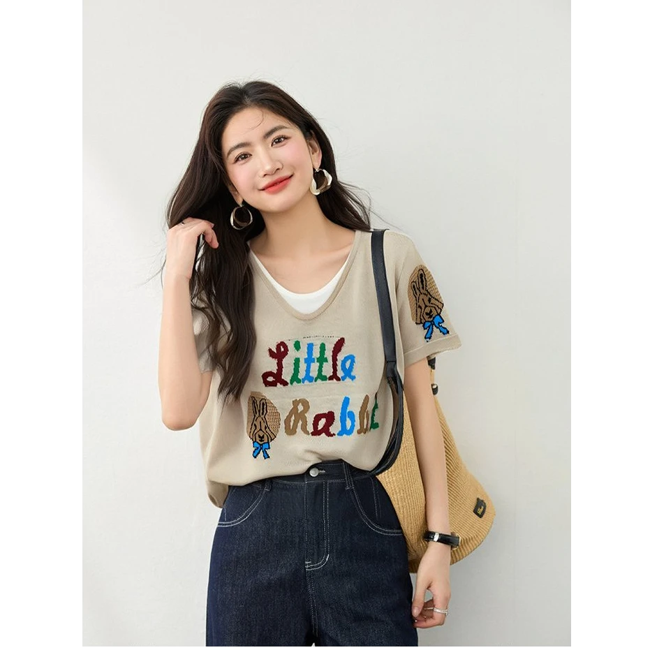 设计感假两件提花针织短袖气质上衣8490