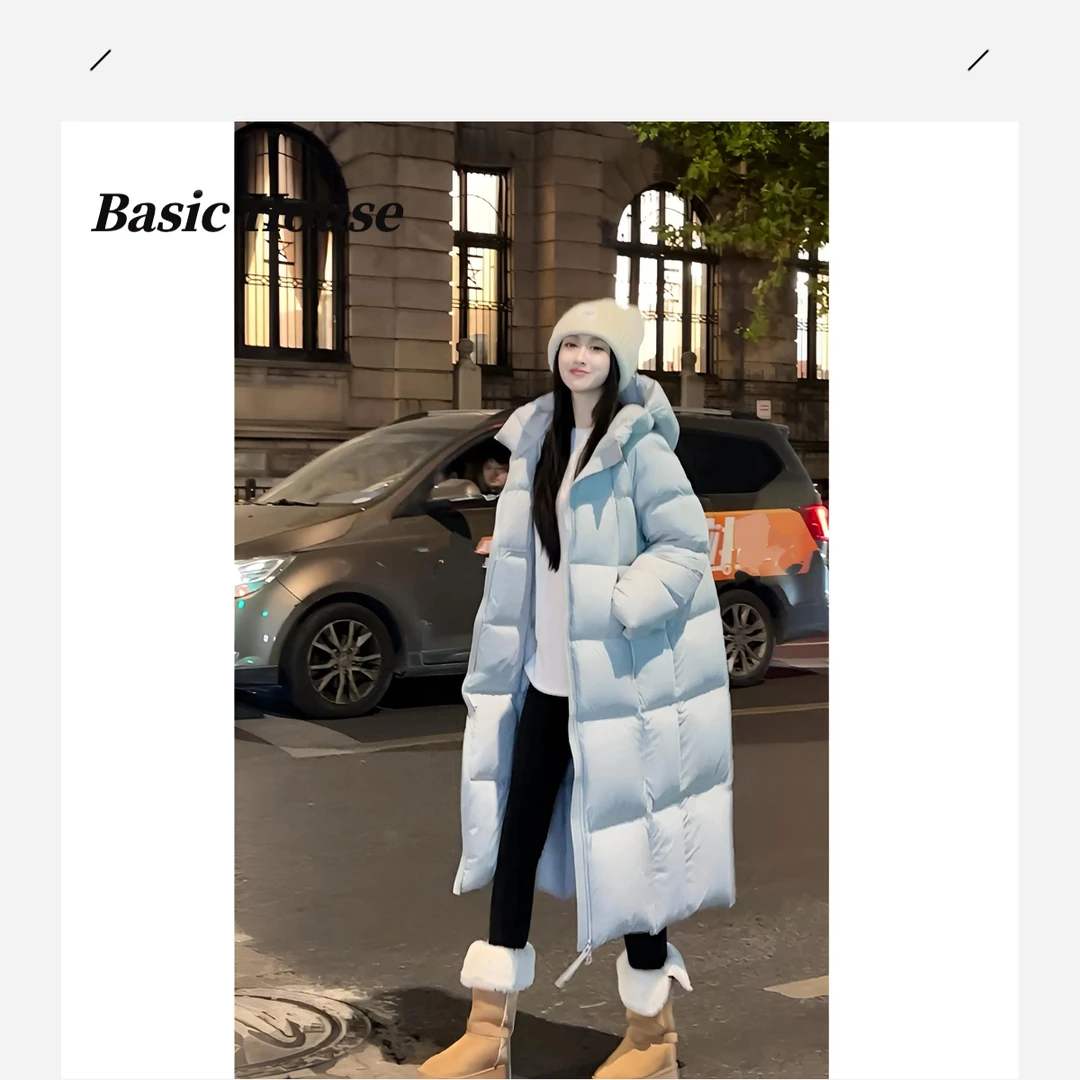 Basic House/百家好冬季泡芙超轻蓬松防跑绒90白鸭绒长款羽绒服