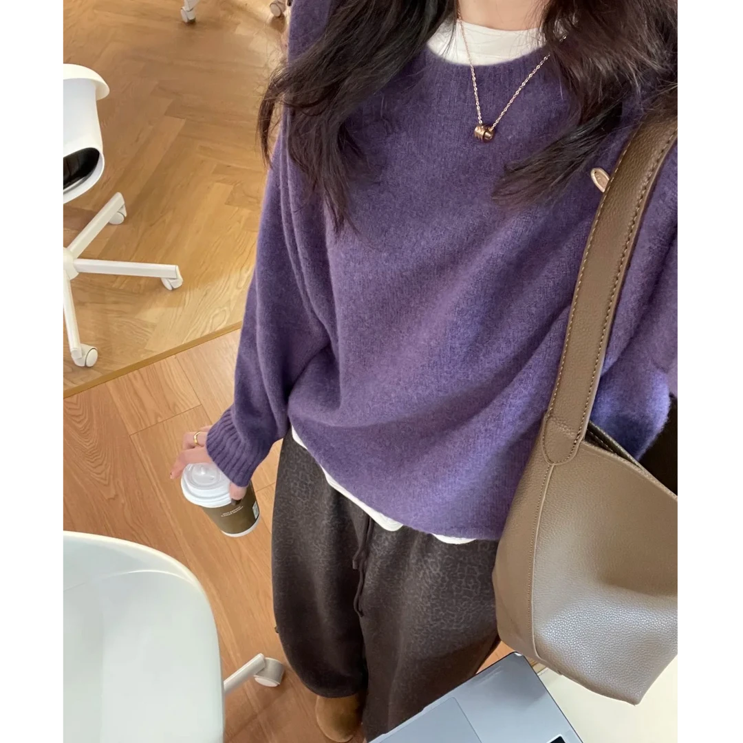 紫色毛衣女秋冬宽松内搭外穿圆领套头简约百搭软糯打底针织衫上衣