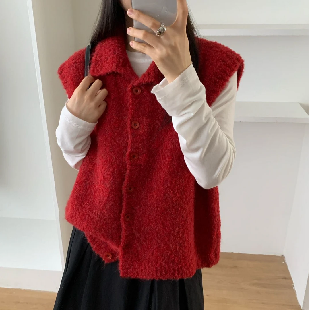 韩系设计感高领软糯马甲毛衣女翻领冬季慵懒风开衫