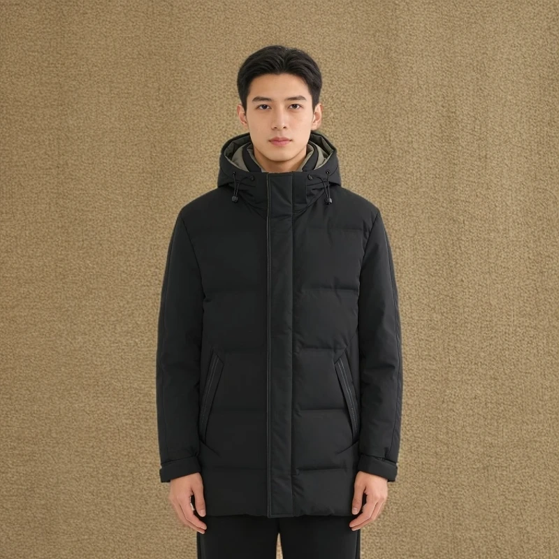 路易.华伦精选厚款连帽男款外穿男士黑色加厚羽绒服中长款6066