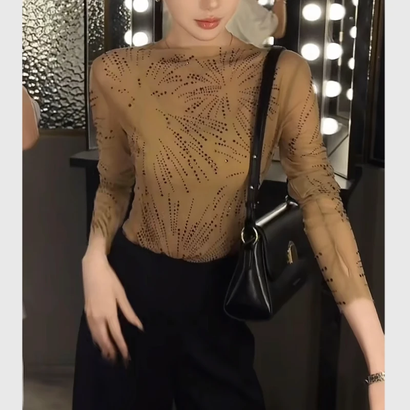 气质烫钻洋气肤色打底衫秋季新款内搭长袖上衣T恤名媛风