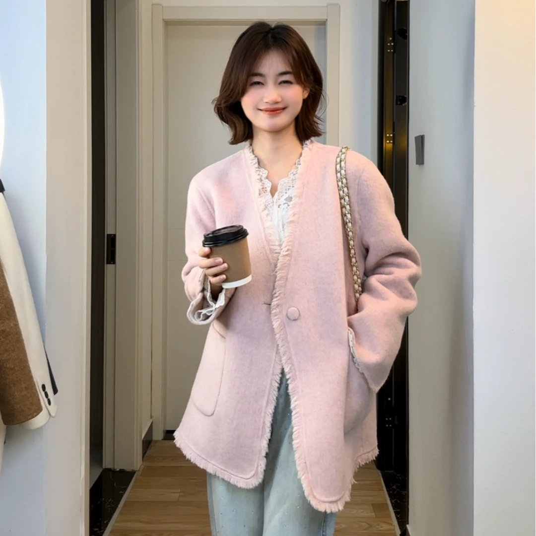 “两面穿 一件抵两”欧若风双面呢大衣短款翻袖毛呢外套春880