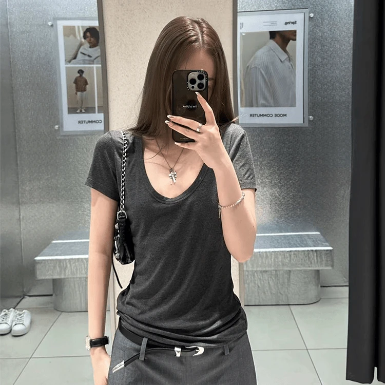 纯t恤女短袖U领高弹夏季2025年大领口宽松显瘦内搭纯色百搭上衣女