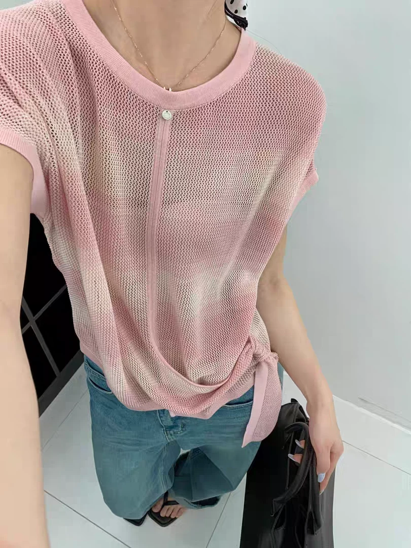 玲姐定制-镂空夏季新款时尚百搭圆领条纹针织短袖157819