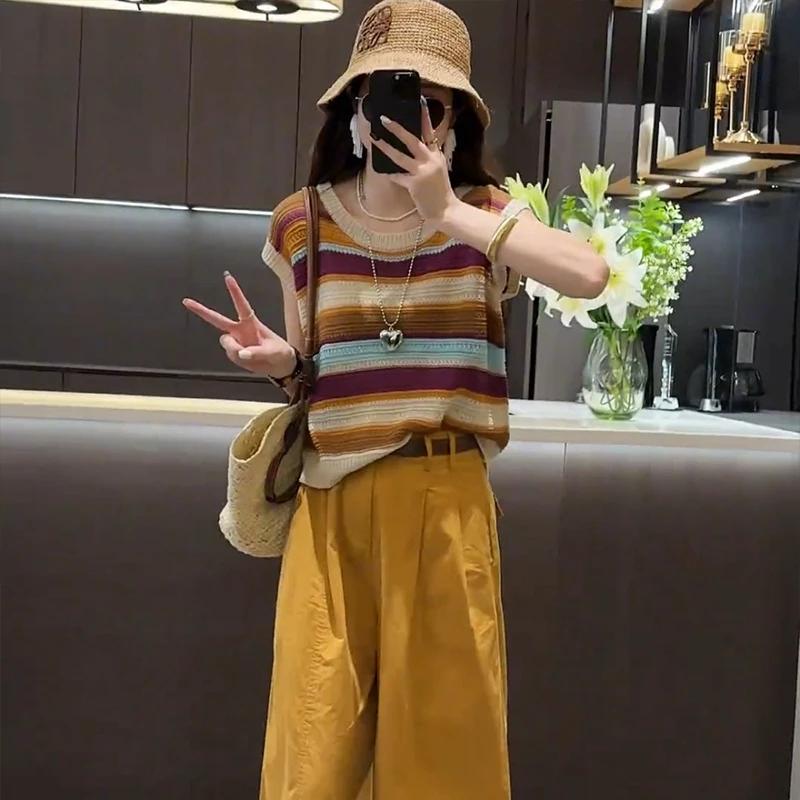 小个子显高时尚套装减龄搭配一整套夏装条纹针织背心阔腿裤两件套