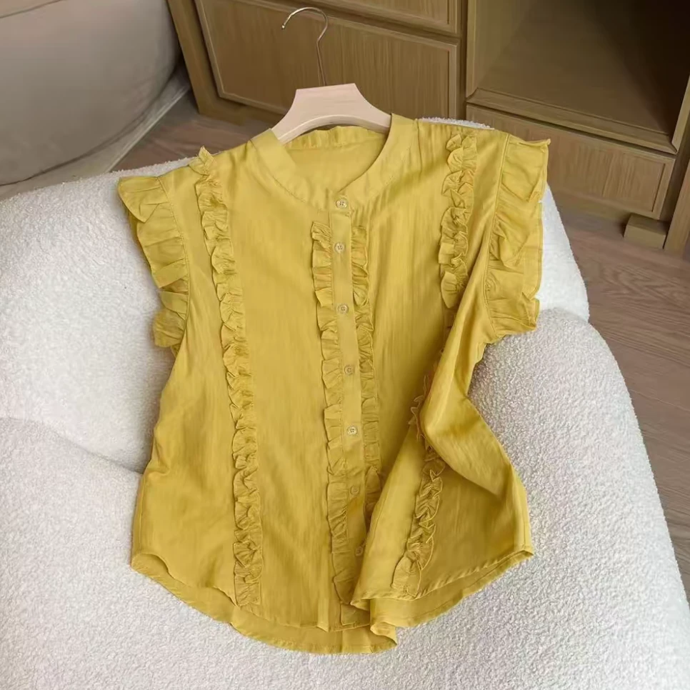 【小苍兰】--夏款新中式国风木耳边单排扣减龄质微透飞飞袖上衣