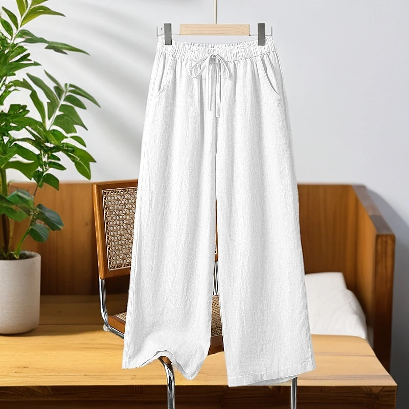 文艺纯色通勤高端棉麻阔腿裤女秋季高腰显瘦妈妈直筒休闲亚麻裤子