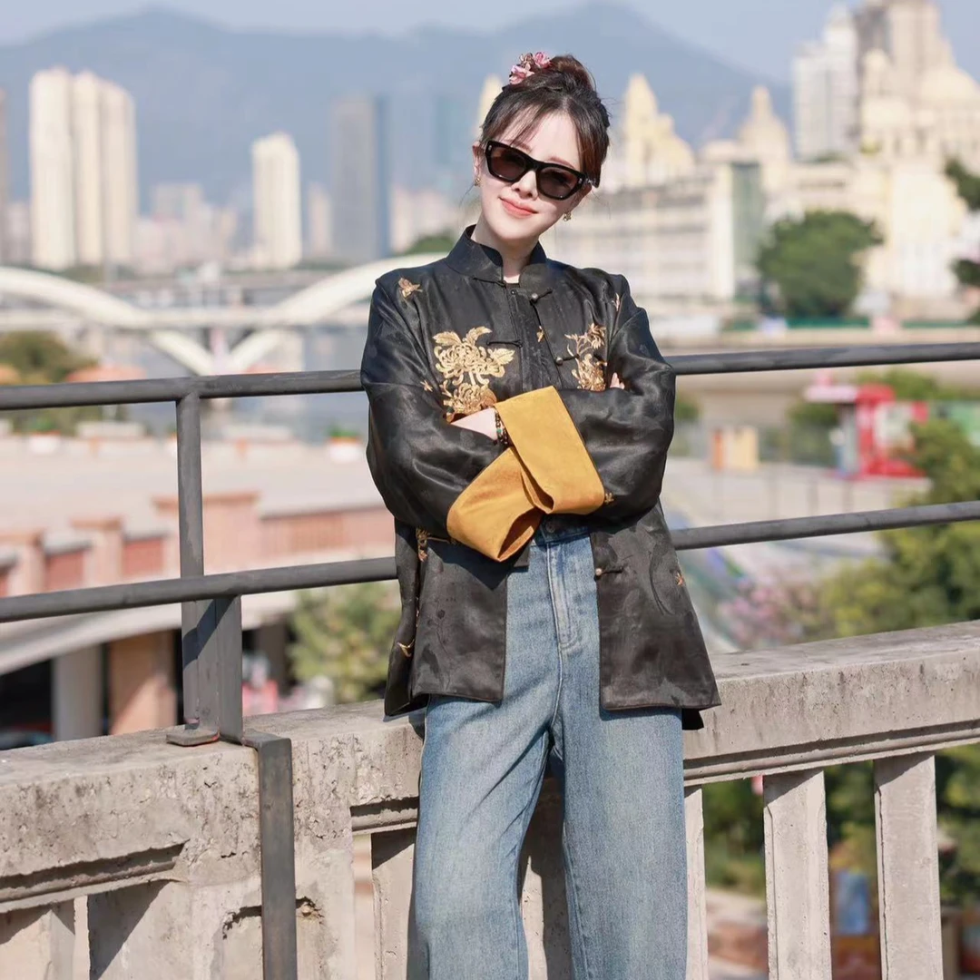 【玉交织】景罗国风黑色宽松立领百搭对襟手绣上衣