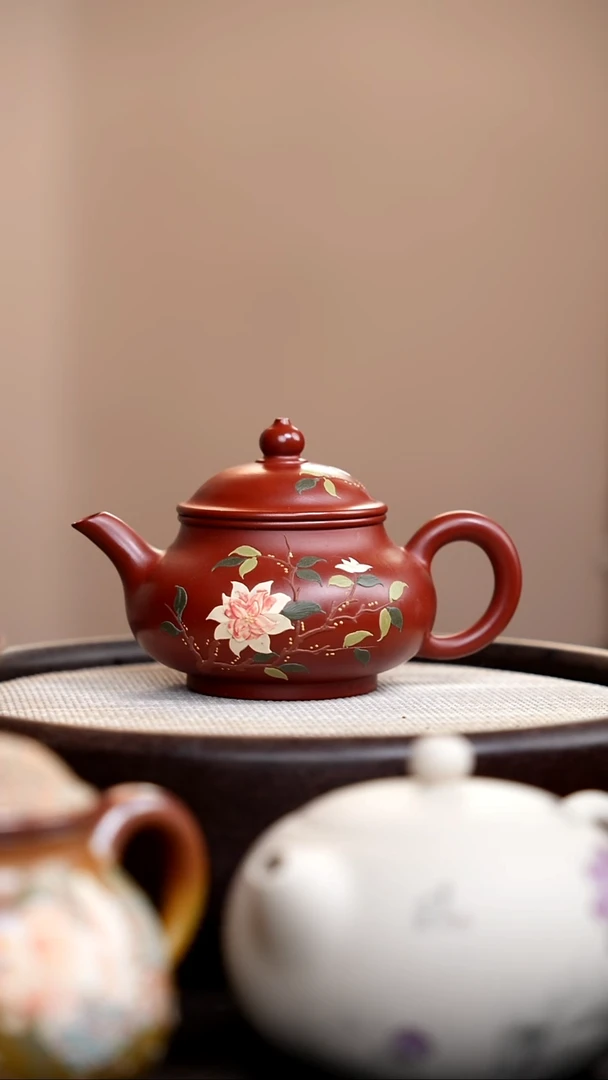茶壶紫砂朱泥潘壶泥绘花003