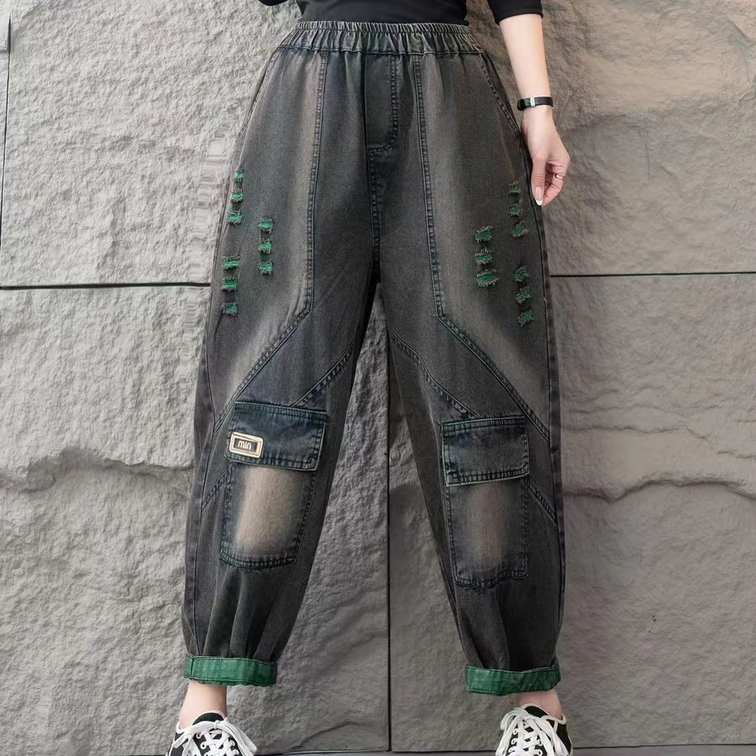 【1314】春季新款时尚洋气宽松百搭水洗软牛仔女款八分牛仔哈伦裤