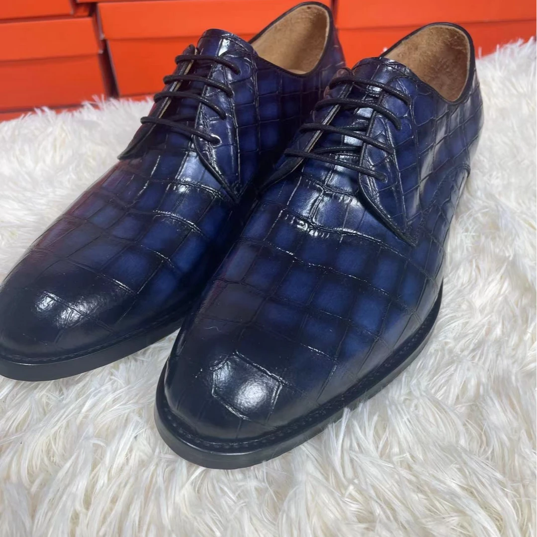 厂）酒红色深蓝色墨绿色黑色鳄鱼皮鞋男商务正装鞋系带潮鞋擦色鞋