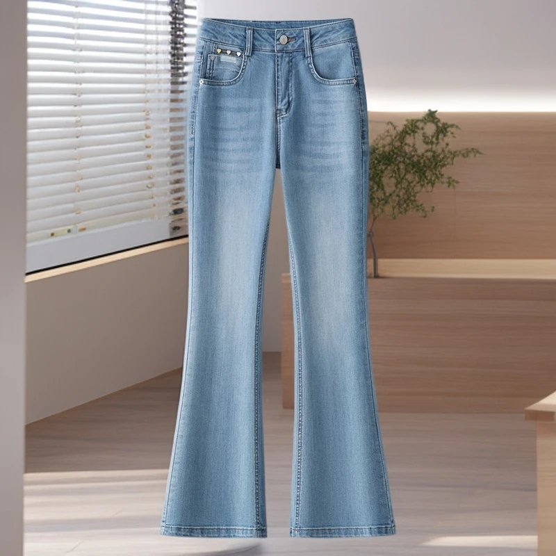 姌沫爆款女夏季微喇裤牛仔裤高腰浅蓝色千金清冷女士后妈裤裤子