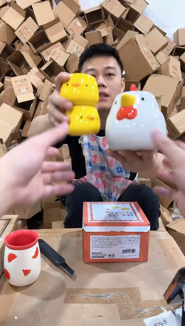 瓷片原盒小鸡茶壶套组