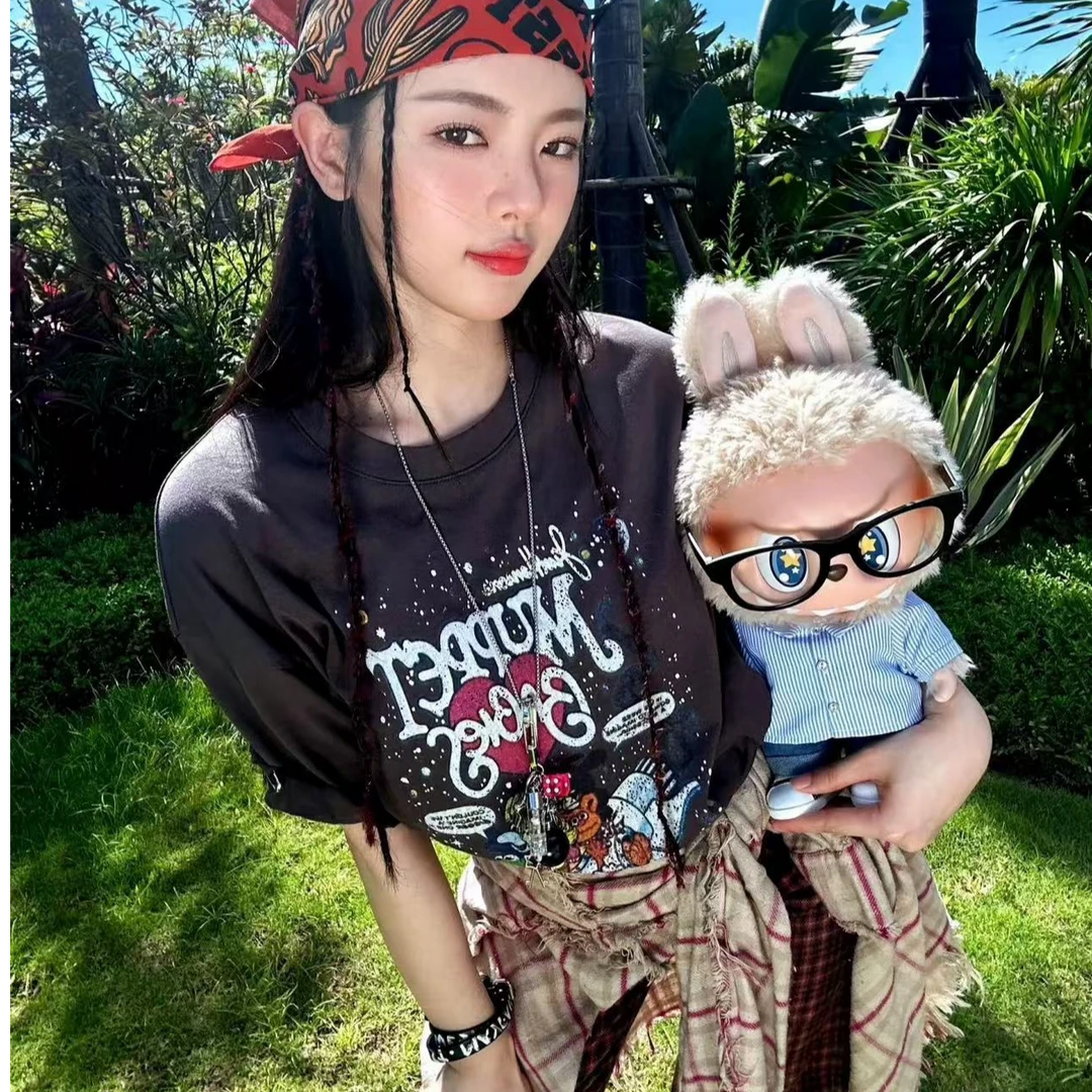 做旧破碎感涂鸦印花t恤