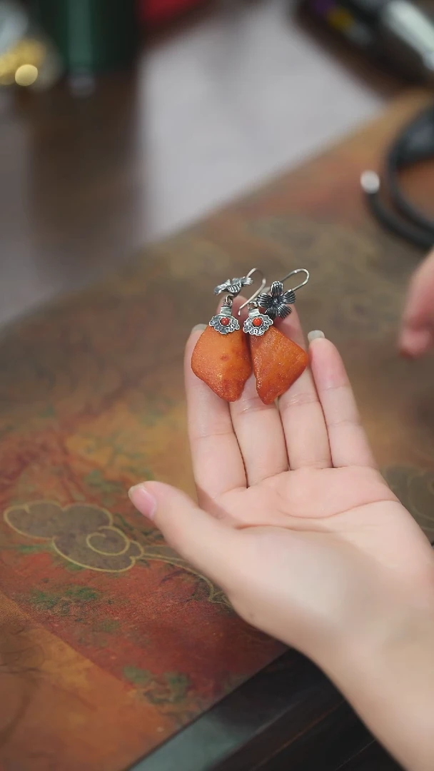 【闪购商品】琥珀耳饰未镶嵌原石耳环