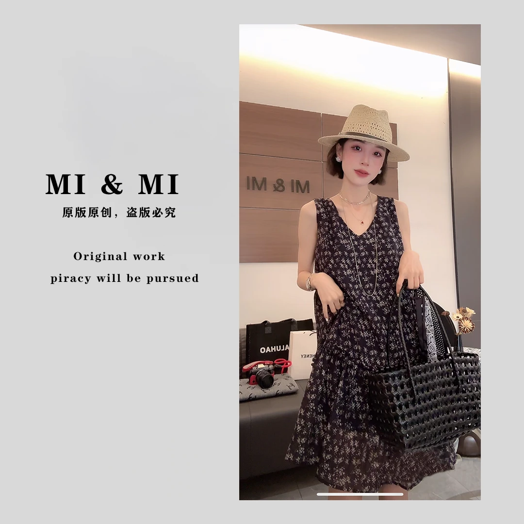 【米米私服】 夏季法式撞色碎花V领连衣裙 2502-130